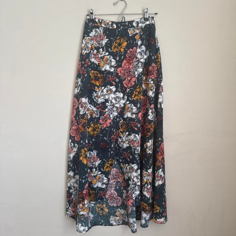 Dark Green Floral Wrap Midi Skirt Boho Flowy Garden Cottagecore Aesthetic XS/S